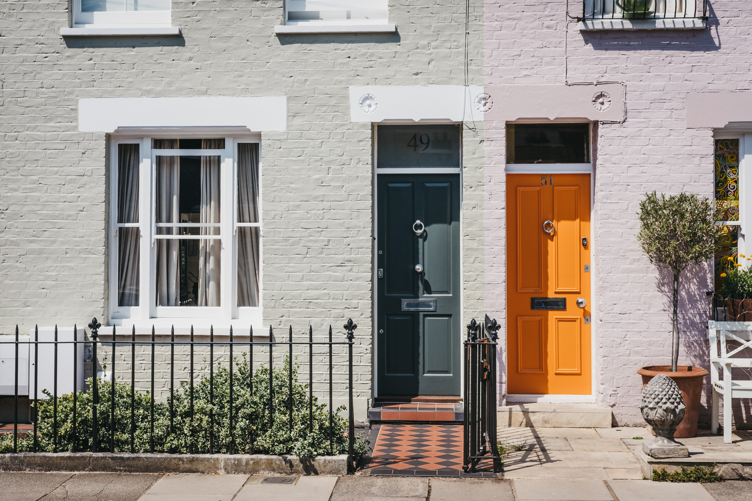 Traditional colourful bright doors on houses in Barnes, London, Traditional colourful bright doors on houses in Barnes, London,